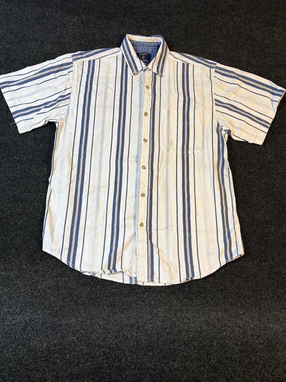 Coliseum World Explorer Shirt Mens Large Blue Stripe Short Sleeve Button Up